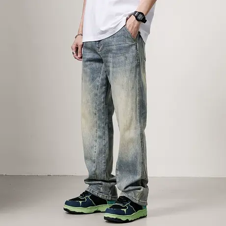 日系复古做旧牛仔裤男宽松直筒裤水洗休闲高街裤子微弹直脚牛仔裤商品大图