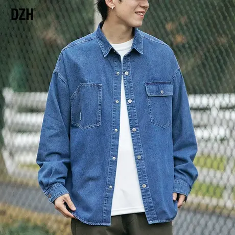 青少年蓝色牛仔衬衫男长袖高级感工装衬衣外套2023年新款休闲上衣商品大图