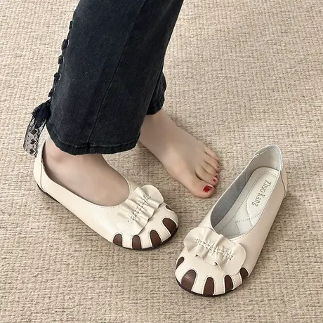 超软妈妈鞋皮面豆豆鞋女软底舒适一脚蹬女鞋秋季牛筋底圆头单鞋商品大图