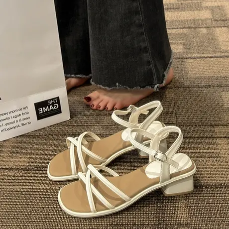 凉鞋女2023新款低跟粗跟方跟法式漏趾一字带温柔风仙女高跟罗马鞋商品大图