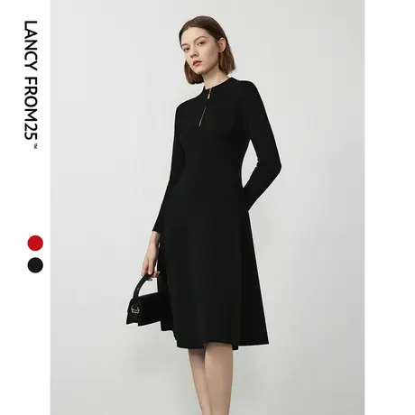 朗姿羊毛法式高级感气质长袖收腰显瘦裙子女2024年春季新款连衣裙图片