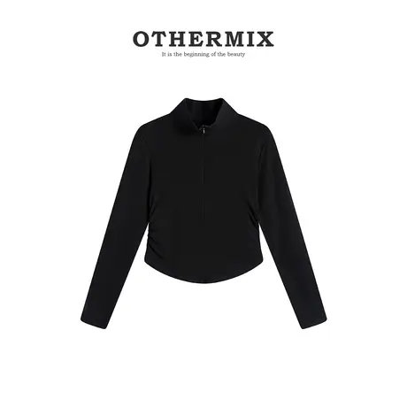 othermix 修身显瘦纯色长袖T恤女2024春秋新款百搭立领打底短上衣图片