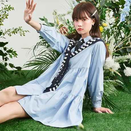 [送领结]唐狮蓝色连衣裙女2023秋冬新款长袖衬衫裙小个子裙子q7商品大图