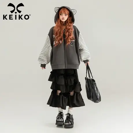 KEIKO [加密绒]美式酷感拼色外套加厚24早春oversize连帽拉链卫衣图片