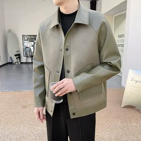 春秋季PU拼接高级感皮衣外套男2024新款轻熟个性机车服夹克上衣商品大图
