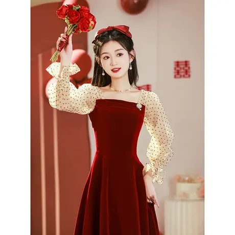 敬酒服新娘女夏季法式丝绒小礼服甜美风订婚宴平时可穿红色连衣裙商品大图