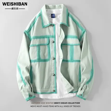 2024春季美式休闲涂鸦绿色牛仔外套潮牌情侣设计感小众休闲夹克男商品大图