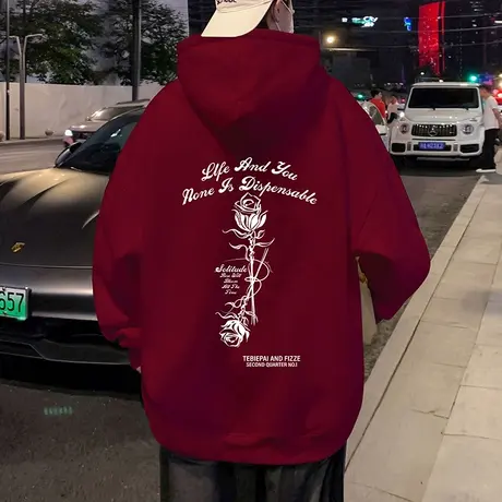 纯棉秋冬季卫衣男潮牌2023新款玫瑰印花情侣连帽上衣宽松帽衫外套商品大图