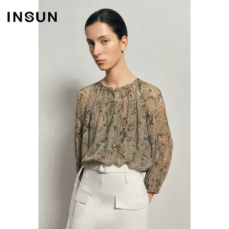 INSUN恩裳夏季复古印花套头薄款桑蚕丝衬衫商品大图