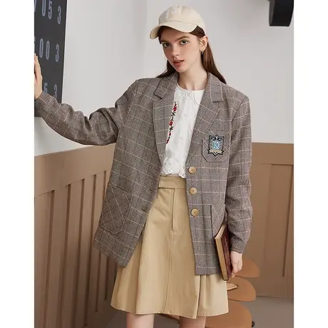 a022024春款复古学院风格子长袖外套休闲宽松女式西服图片