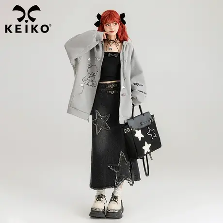 KEIKO 可爱小熊印花灰色卫衣2024春季甜酷慵懒风oversize连帽外套商品大图