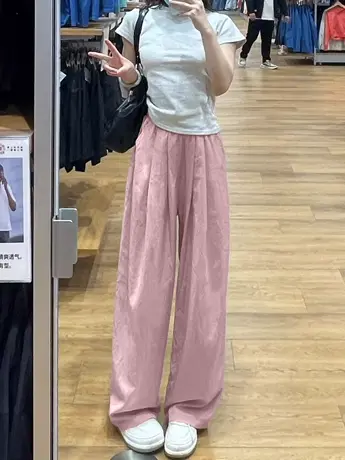 褶皱休闲裤女秋季薄款垂感高腰显瘦小个子阔腿裤慵懒风直筒拖地裤商品大图