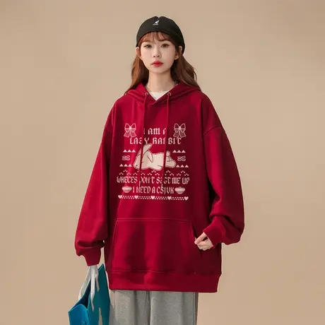 酒红色卫衣女2024新款秋冬季加绒加厚潮牌国潮兔年本命年宽松外套商品大图