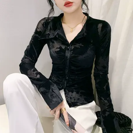 时尚提花拼接褶皱女长袖开叉衬衫欧货女装丝绒气质修身显瘦上衣潮图片
