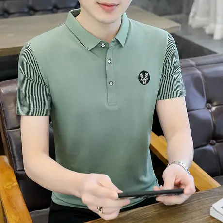 夏季新款polo衫男士韩版潮流条纹短袖T恤半袖纯棉翻领打底衫潮牌商品大图