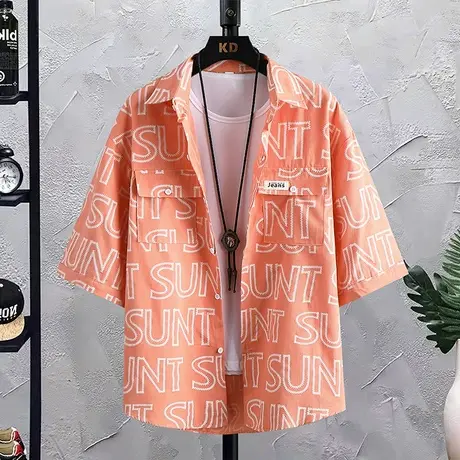 短袖衬衫男夏季2023新款痞帅高级感休闲纯棉五分袖工装衬衣外套潮商品大图