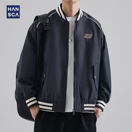 hansca棒球服外套男秋冬款2023新款字母刺绣痞帅休闲美式宽松夹克商品大图