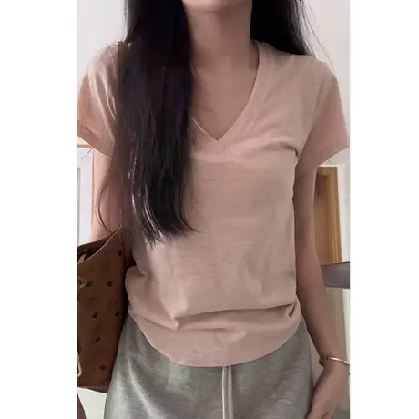 纯棉V领短袖T恤女夏装2024新款修身韩版内搭打底衫少女粉半袖上衣商品大图