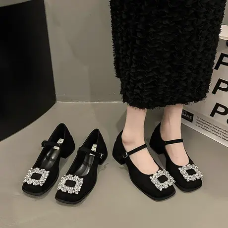 法式粗跟玛丽珍鞋女2024年春夏季新款时尚百搭配裙子粗跟黑色单鞋商品大图