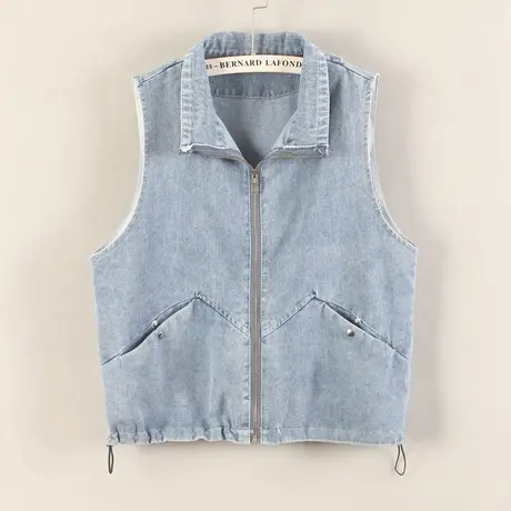 牛仔马甲女宽松春秋新款韩版中长显瘦无袖背心外套拉链口袋抽绳薄商品大图