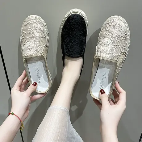 渔夫鞋女小香风网鞋2023年新款拖鞋外穿包头半拖鞋女网面孕妇凉拖商品大图