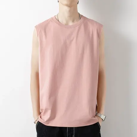 纯棉背心男潮外穿宽松运动跨栏健身篮球坎肩砍袖宽肩无袖t恤粉色商品大图