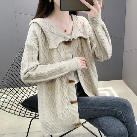 秋季新款2023年娃娃领毛衣外套女冬宽松菱形牛角扣长袖针织开衫潮商品大图