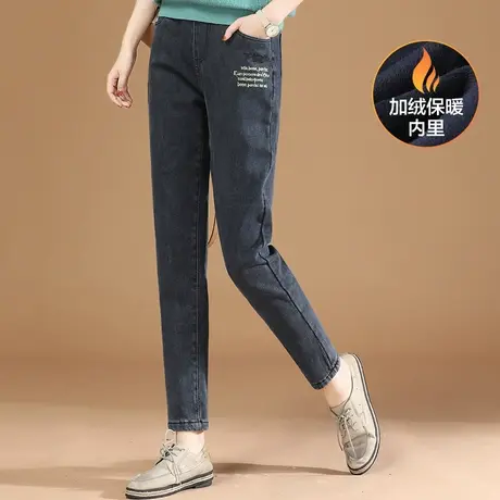 韩潮袭人松紧腰刺绣加绒女士牛仔裤2023年冬新款保暖哈伦小脚裤子商品大图