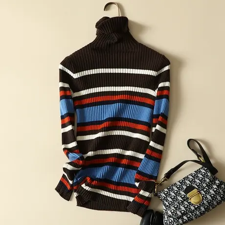 秋冬新款彩色条纹套头毛衣女士洋气堆堆高领修身打底衫长袖针织衫商品大图