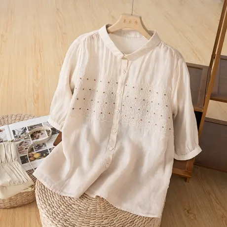 享永子中袖苎麻衬衫女薄文艺复古棉麻上衣刺绣高级感2023夏季新款图片
