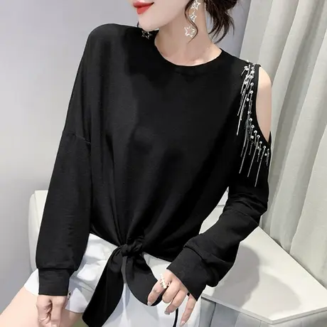 手工钉珠T恤女长袖秋装设计感小众系带打结上衣宽松百搭露肩小衫商品大图