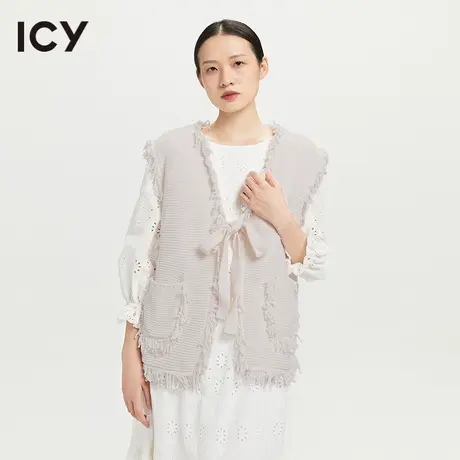 icy2023春季新款温柔知性肌理感毛边系带开衫针织马甲外套图片