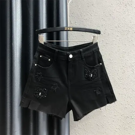 欧货2023秋季新款重工钉珠花朵时尚百搭牛仔短裤女显瘦黑色阔腿裤商品大图