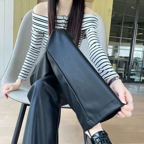 黑色pu皮直筒阔腿皮裤女秋冬2023新款高腰哑光宽松拖地休闲微喇裤图片