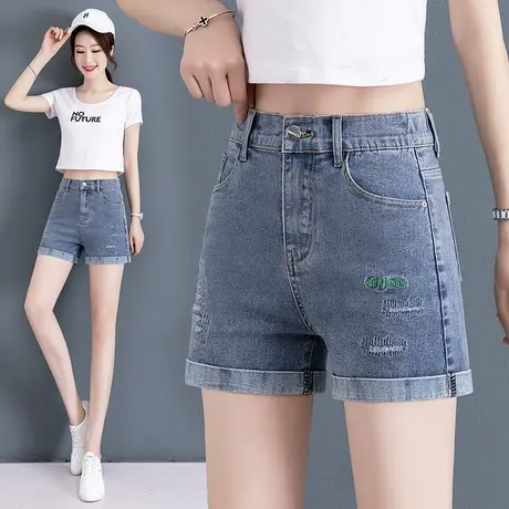 夏季牛仔短裤女2023新款高腰卷边时尚复古热裤大码休闲三分直筒裤图片