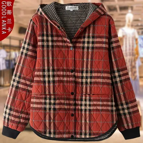 大码中老年秋冬装棉服女200斤中年妈妈洋气夹棉连帽格子棉衣外套商品大图