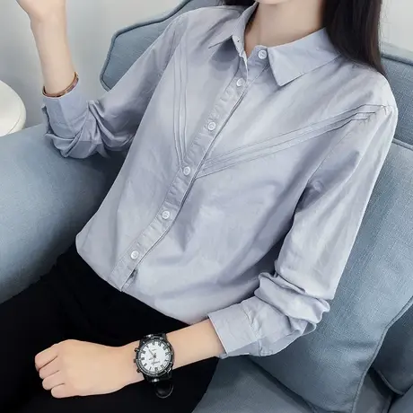 日系文艺小清新纯棉长袖白色衬衫女学院风宽松职业工作装打底衬衣图片