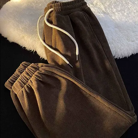 灯芯绒裤子女秋冬季加绒卫裤小个子高腰直筒休闲哈伦运动束脚长裤商品大图