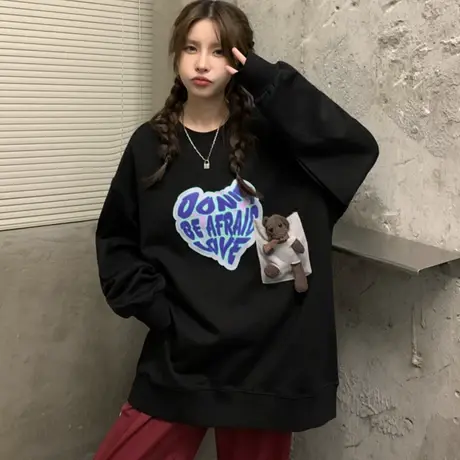 vintage卫衣女秋冬宽松韩版潮ins超火上衣设计感小众加绒加厚外套图片