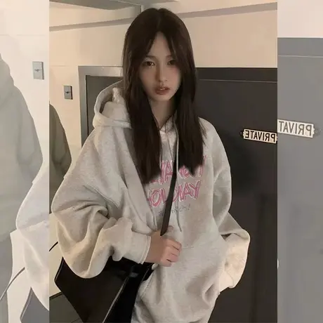 美式复古oversize潮牌卫衣女2023春秋薄款宽松慵懒风上衣连帽外套商品大图