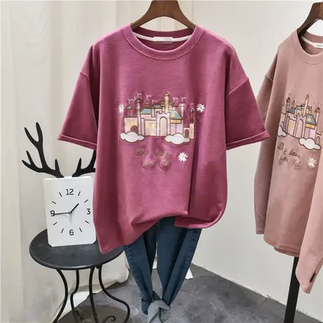 网红ins超火短袖t恤女2021夏装新款韩版潮刺绣宽松百搭半袖上衣服图片