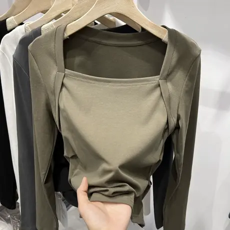 欧货设计感方领长袖t恤女早秋新款2023纯色修身打底衫小心机上衣商品大图