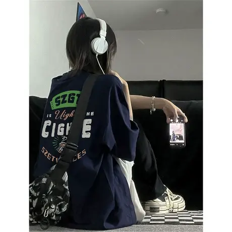 纯棉复古港味chic短袖t恤女夏季设计感小众宽松半袖oversize上衣商品大图