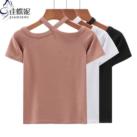 夏季新款韩版一字领修身纯棉纯色短款纯欲短袖体恤上衣女打底衫商品大图