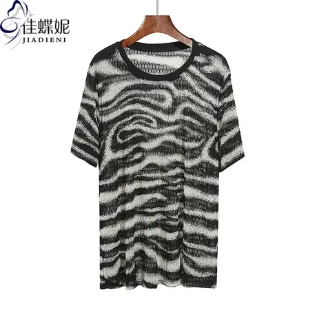 夏季新款圆领宽松撞色水波纹薄款雪纺透明网纱短袖体恤上衣女打底图片