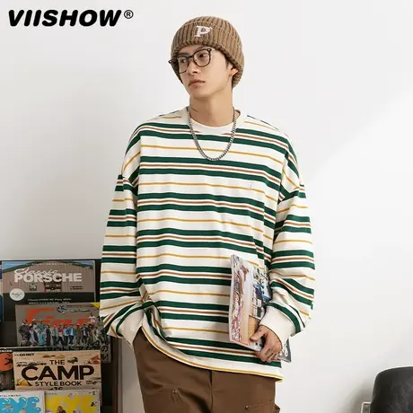 VIISHOW长袖t恤男士秋季新款潮牌潮流条纹上衣圆领运动少年感卫衣商品大图