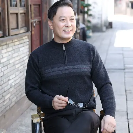 半高领拉链毛衣服男士冬季加绒加厚中老年人保暖打底针织衫爸爸装商品大图