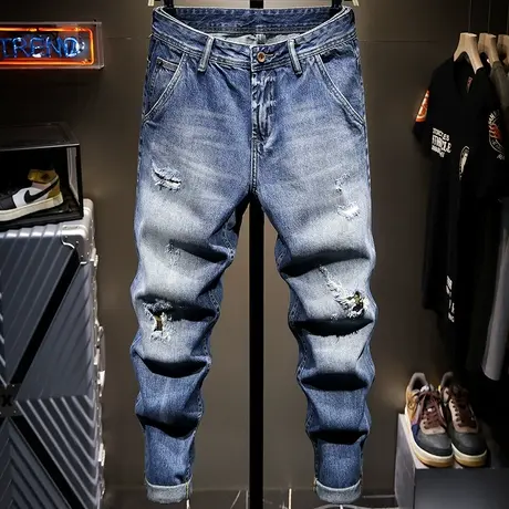 夏季薄款破洞牛仔裤男直筒宽松乞丐裤男士休闲长裤子男百搭欧美款商品大图