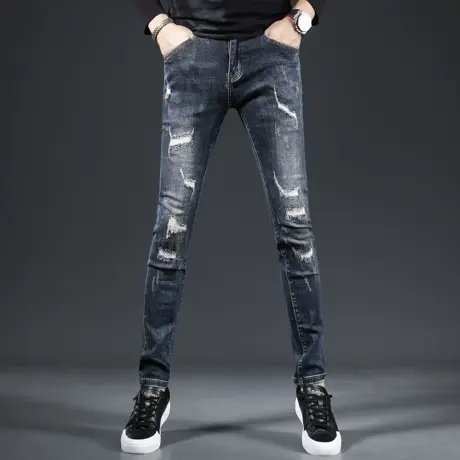高级牛仔裤男2023新款秋季蓝色破洞补丁修身小脚男士弹力时尚裤子商品大图
