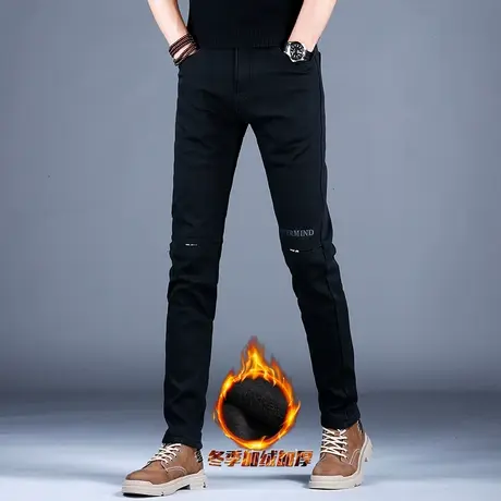 欧美裤黑色牛仔裤男款百搭男士裤子修身小脚2023新款休闲潮牌破洞商品大图
